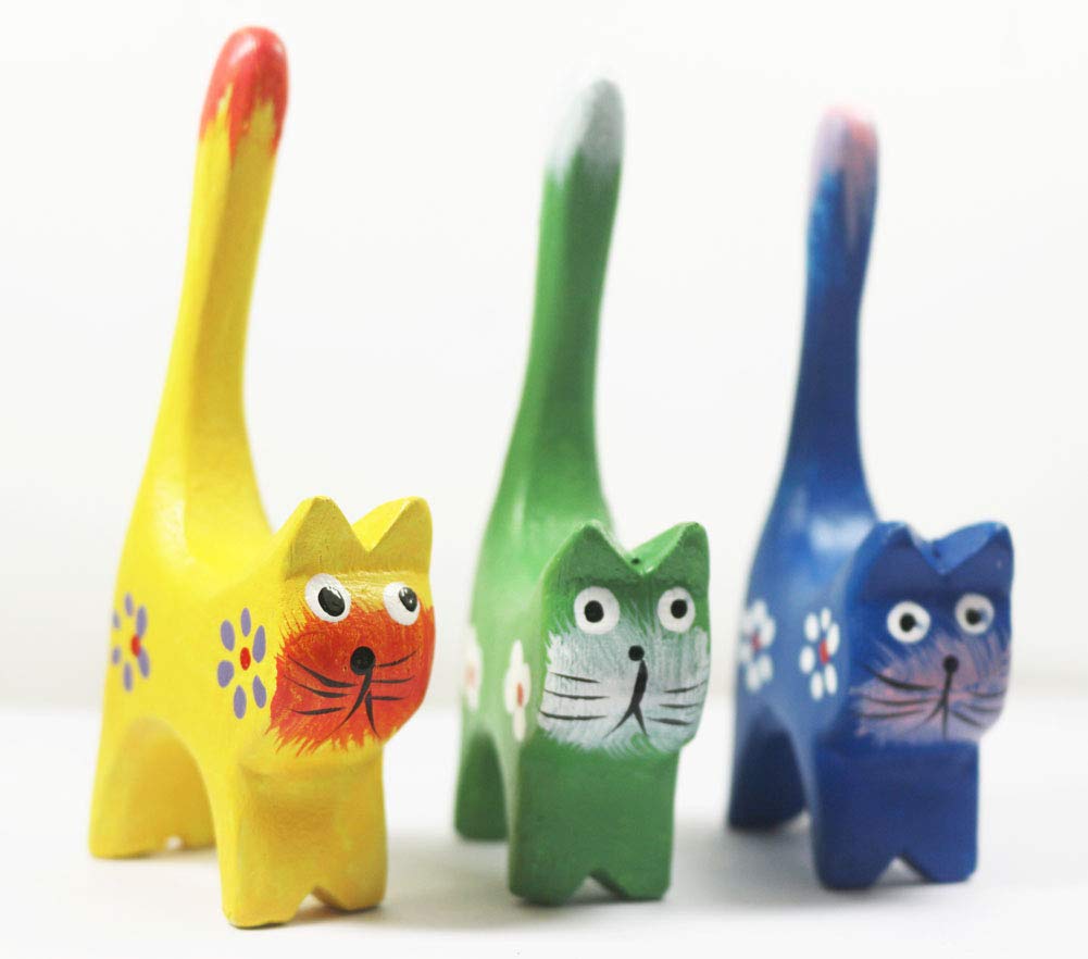 Set Of 6 Long Tail Kitty Cat Figurine Decorative Carved Wooden Cat Fgiures Kitties Statue Sculpture 4.25' Tall, Animal Cat Kitty Figurine Collection For Cat Lovers, Girls