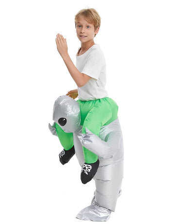 Hsctek Inflatable Alien Costume Kids Boys Girls, Blow Up Riding Alien Abduction Costume Child, Carrying Me Holding Man Halloween Costume Children, Silver