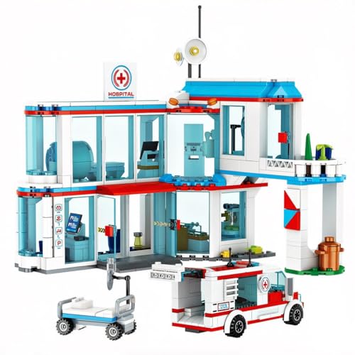 Sky Line Ocean City Hospital Stem 3In1 Building Block Set, 687 Pcs MultiModel Kit With Ambulance, Truck & Rescue Helicopter, 