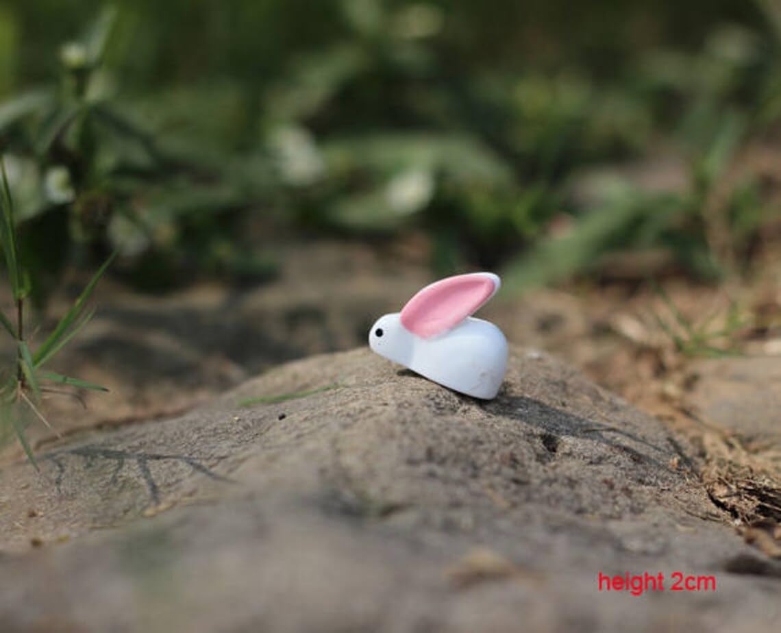 Mini Terrarium Rabbit, Dollhouse Miniature Tiny White Rabbit with Pink Ear, Terrarium Fairy Garden Dolls Toy, Mini Micro Landsca