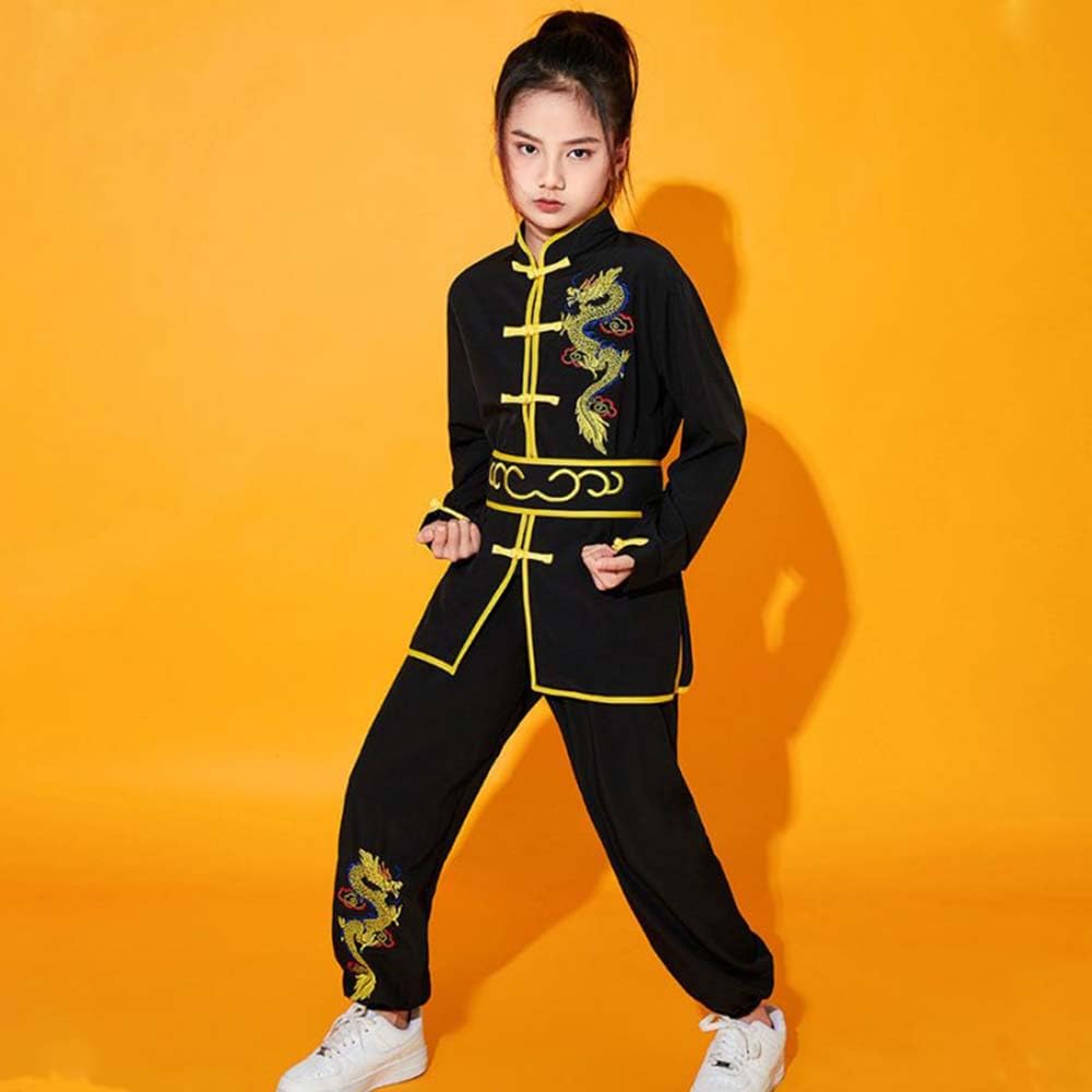 Yemyiqz Kung Fu Uniform For Boys Girls Kids Traditional Chinese Embroidered Tai Chi Wing Chun Master Martial Arts Set Outfit (Black, S)