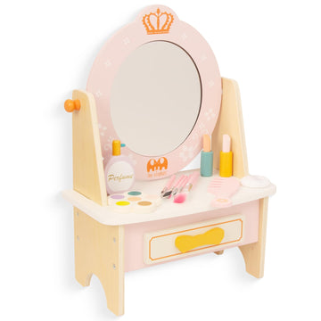 Woodenedu Wooden Vanity Set For Kids, Pretend Play Toddler Makeup Vanity Toys With Mirror, Beauty Salon Set Includes Makeup Acce
