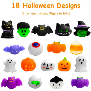 Waybla Halloween Squishies Toys - 36 PCS Cute Mochi Stress Relievers, Small Silicone Halloween Party Favors, WB-Halloween-MC01-36