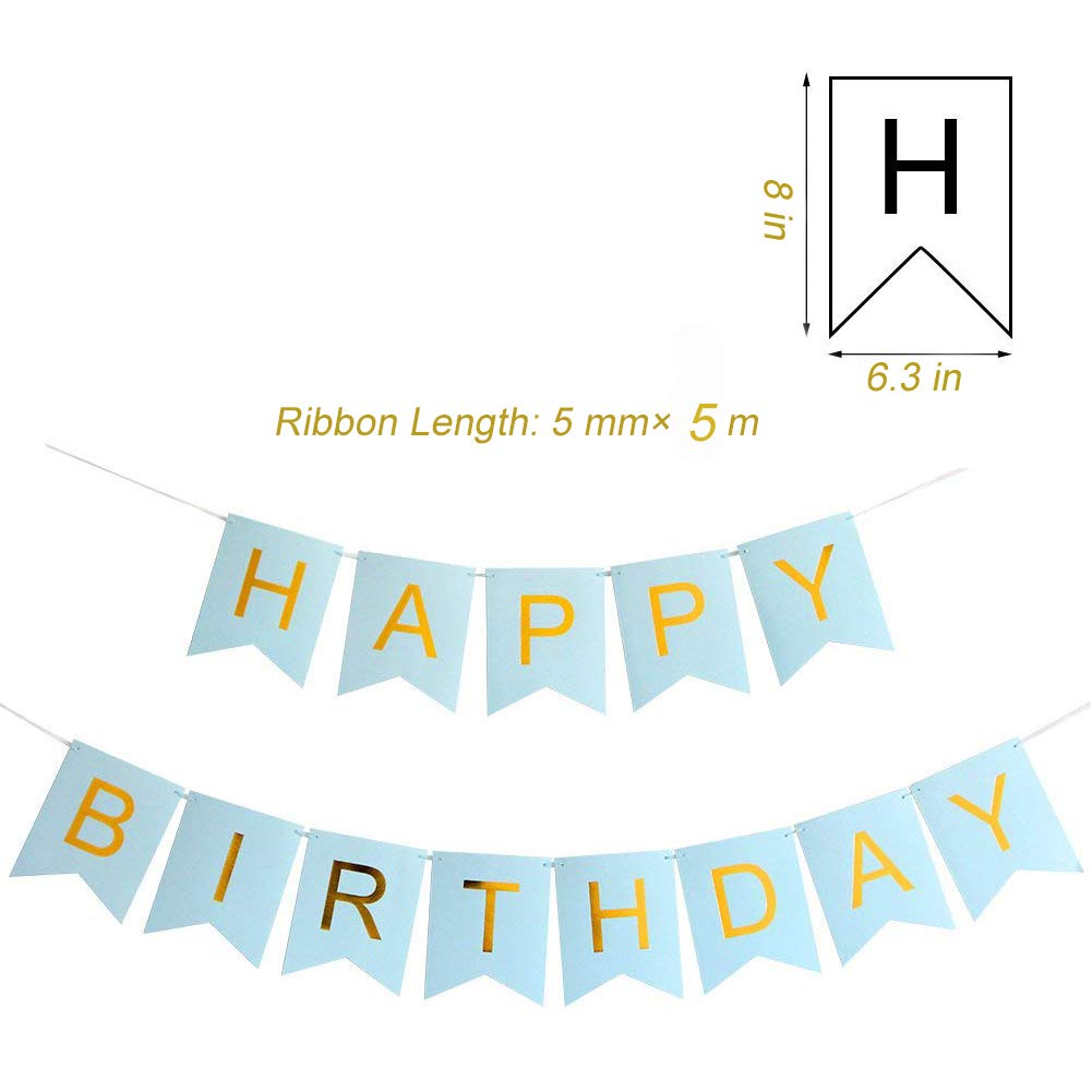 Tellpet Light Blue Happy Birthday Banner With 5 Pcs Gold Confetti Balloons