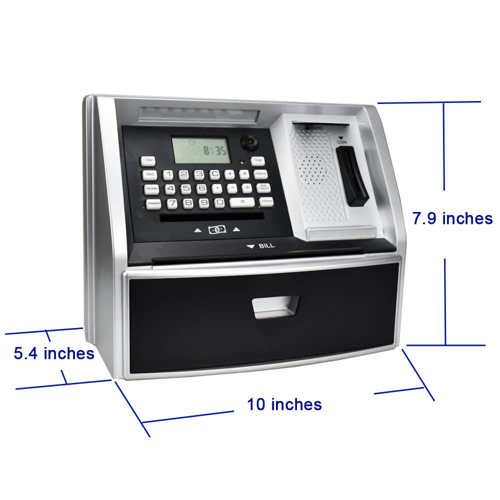 ApgBnk ATM Savings Bank - Electronic Piggy Bank with Debit Card, Coin Recognition, 10 x 5.4 x 7.9 inches, Black/Silver, Model G972E