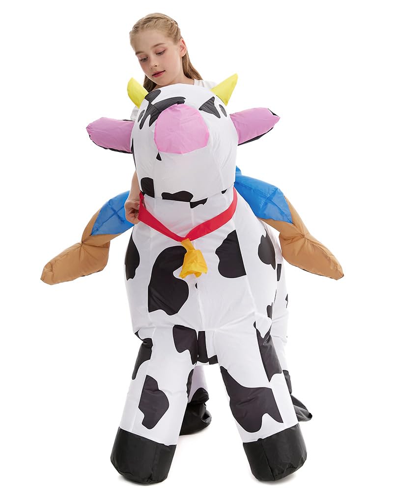 Inflatable Cow Costume Kids Boys Girls, Blow up Ride on Animal Cosplay Teen, Riding Halloween Rider Clothes Child