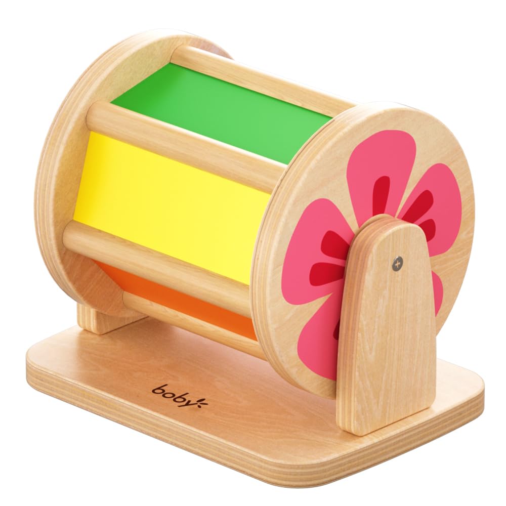 Montessori Spinning Drum Toy Set for Babies 6-12 Months  Sensory Development & Tummy Time Fun - Wooden Infant Toys with Mirror & Bell  for Boys & Girls