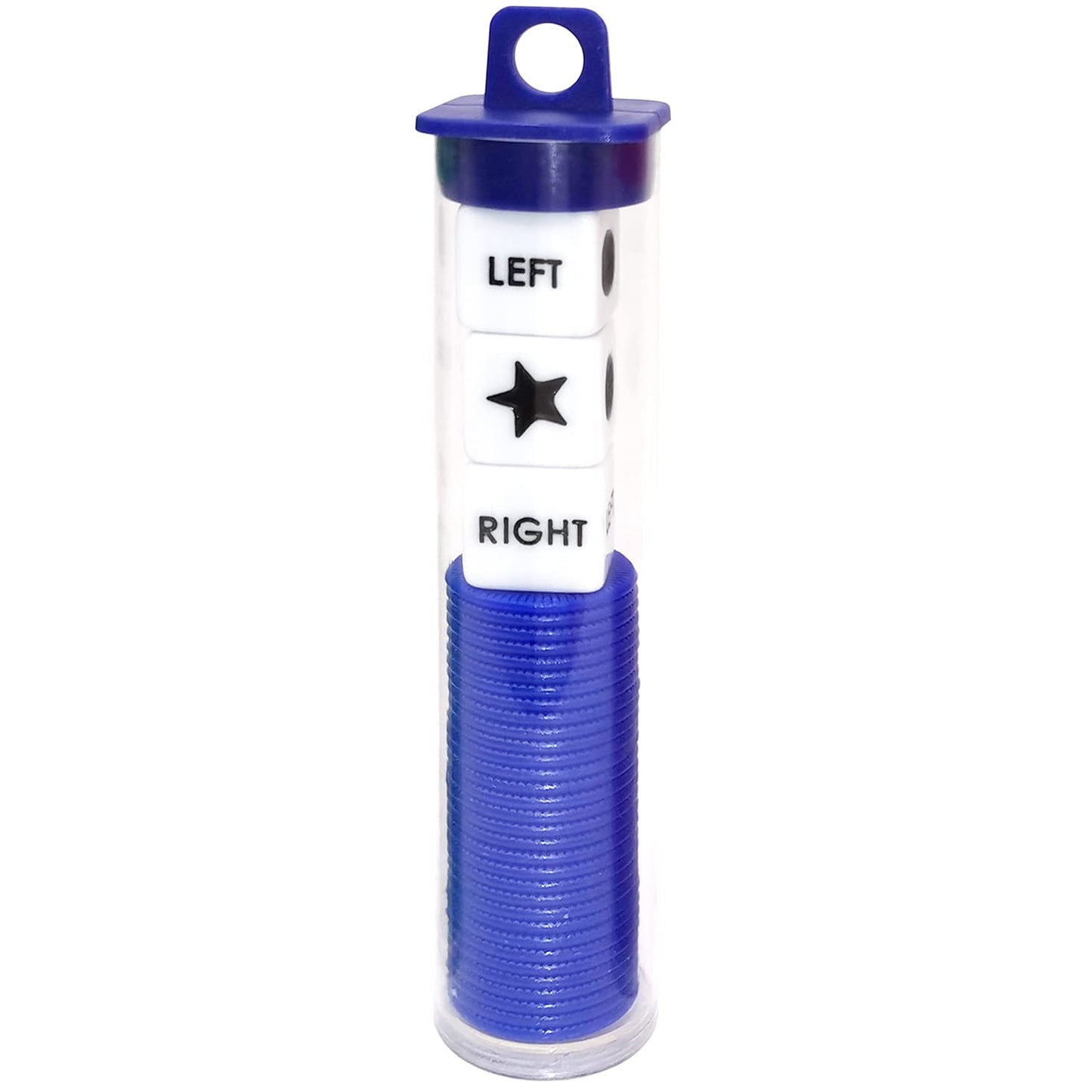 Left Right Center Dice Game Prime Set Bundle With 3 Dices + 36 Chips. Round Tube Storage Is Very Convenient For Travel. Easy To Store, Carry Around. (Blue)