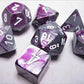 Chessex Manufacturing 26432 Cube Gemini Set Of 7 Dice - Purple & Steel With White Numbering