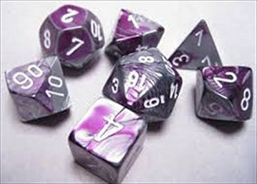 Chessex Manufacturing 26432 Cube Gemini Set Of 7 Dice - Purple & Steel With White Numbering
