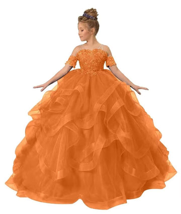 Zpvp Orange Girls Pageant Dress Long Ruffles Princess Flower Girl Dress Beaded Appliques Tulle Wedding Party Costumes Us4
