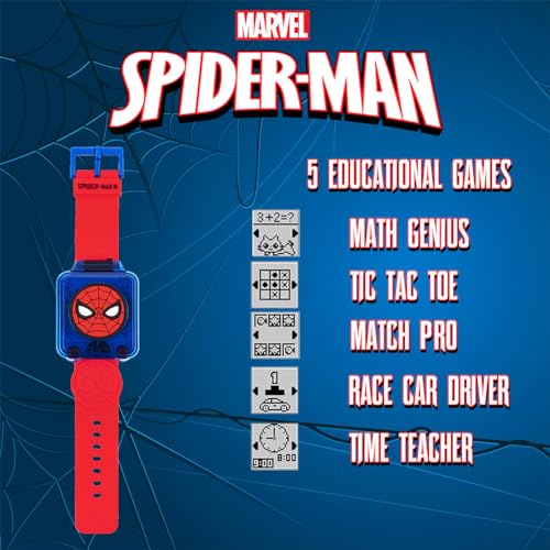 Accutime Marvel Spider-Man Educational Learning Digital Blue Watch For Boys, Toddlers, Kids With Red Strap - Includes Timer, Stopwatch, Alarm, Games! Perfect For Girls And Boys 3+!