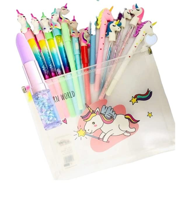 Privika Combo Of Unicorn Stationery Set Pens And Pencils Combo Of 10 Stationery Kit With Unicorn Transparent Big Pouch Stationer