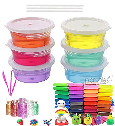 Promote Trader 6 Crystal Slime And 48 Air Dry Clay Combo With Free Glitter And Tools + Paper Straws For Kids B Ys And Girls/Mud 