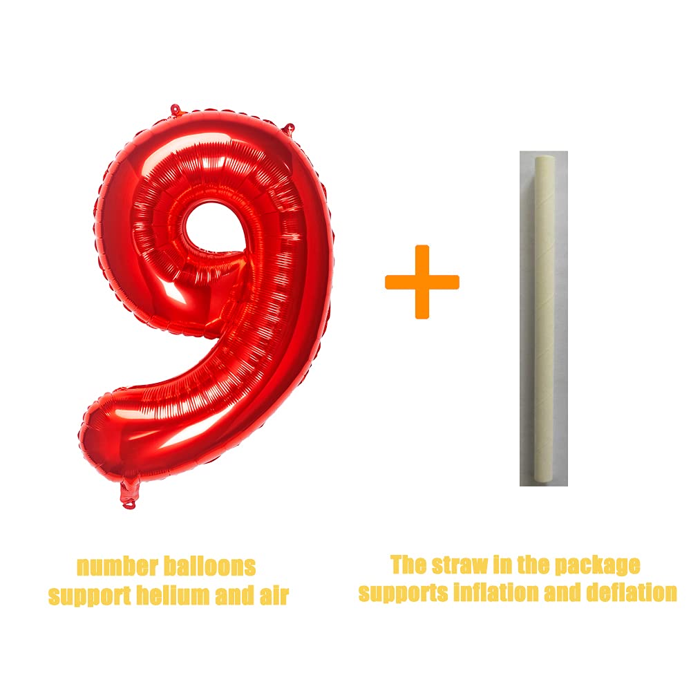 Meiduoco 32 Inch Red Number 9 Balloon (Aluminum, Self Sealing, 1.0 Count, Birthday, Unisex, Number 9)