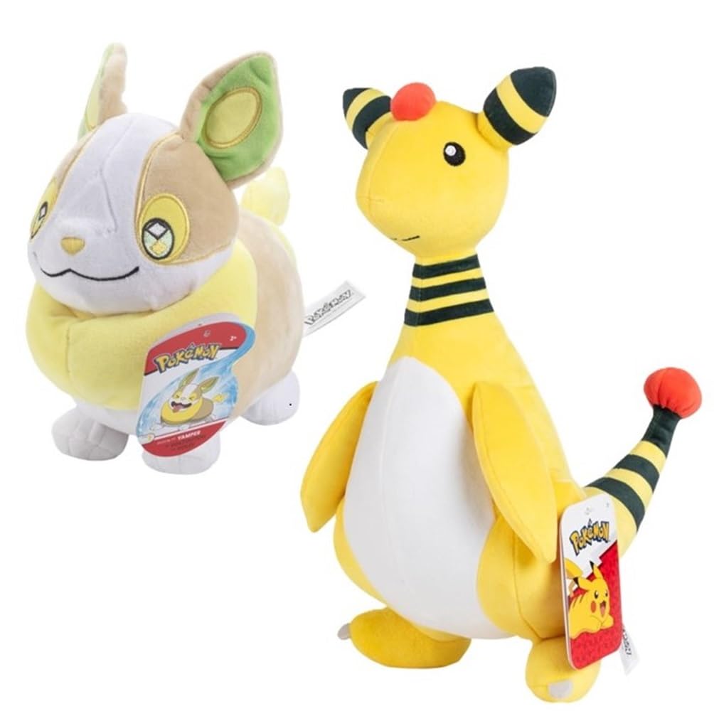 Pok?mon 12 Ampharos & 8 Yamper Electric Type Plush 2-Pack - Officially Licensed - Authentic Soft Stuffed Animal Toy Figures - Holiday Christmas Stocking Stuffer Gift for Kids  Boys  Girls - 2+