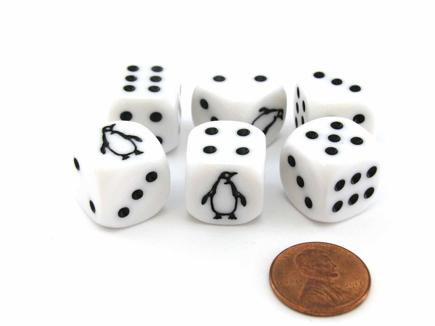 Set of 6 Penguin 16mm D6 Round Edged Koplow Animal Dice - White with Black Pips