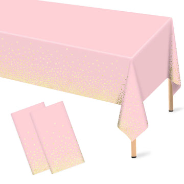 Mulbozy 2 Pcs Pink Tablecloth 54   108  Gold Dot Pink Table Cloth, Pink Disposable Plastic Tablecover for Birthday, Baby Shower,