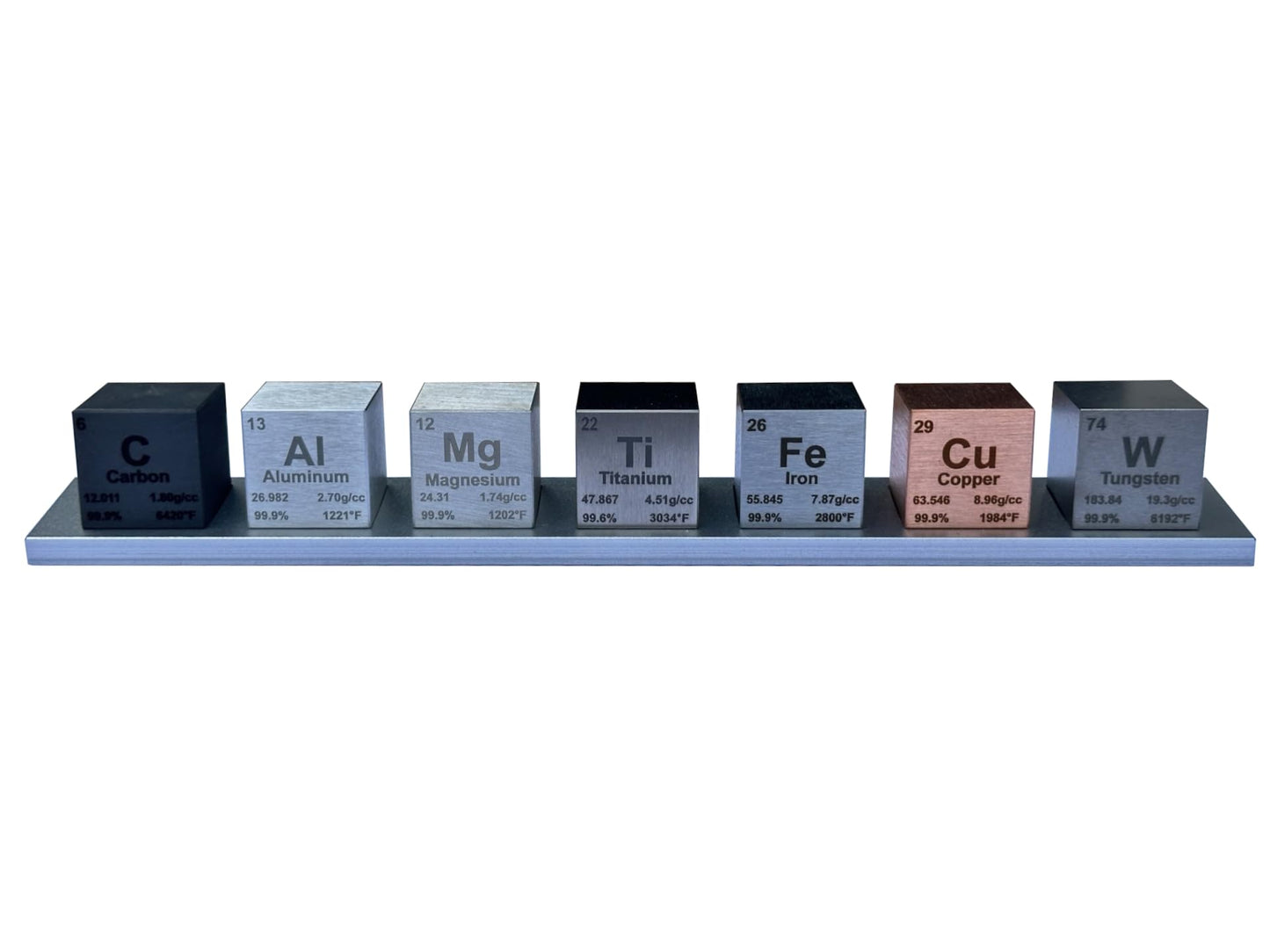 1 Element Cube Set - 7 Pure Metal Density Cubes with Engraved Atomic Data - Precision Machined Science Specimens + Display Stand