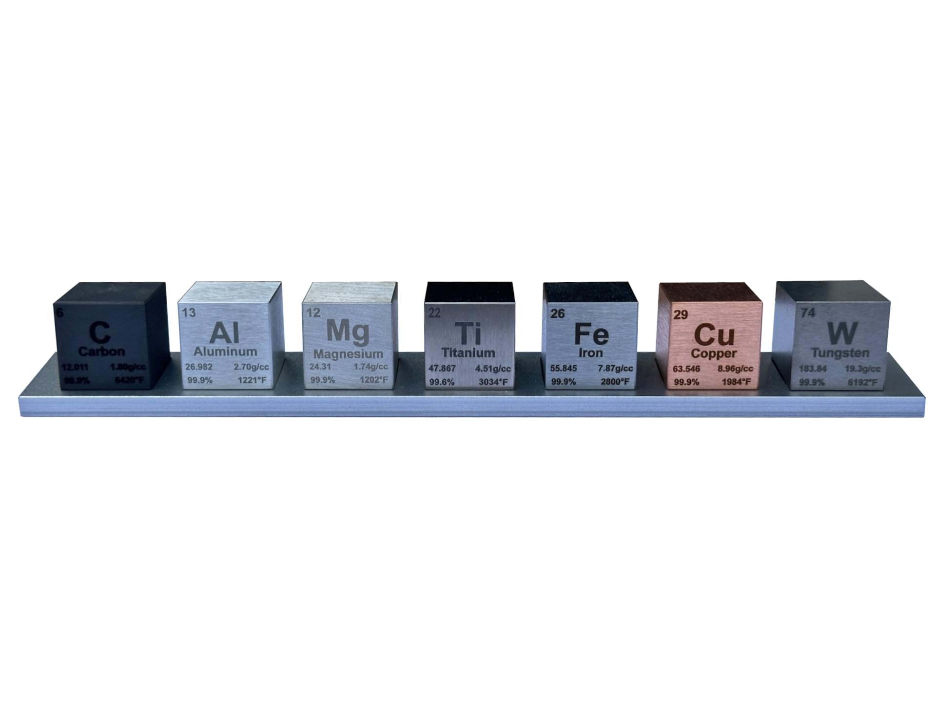 1 Element Cube Set - 7 Pure Metal Density Cubes with Engraved Atomic Data - Precision Machined Science Specimens + Display Stand