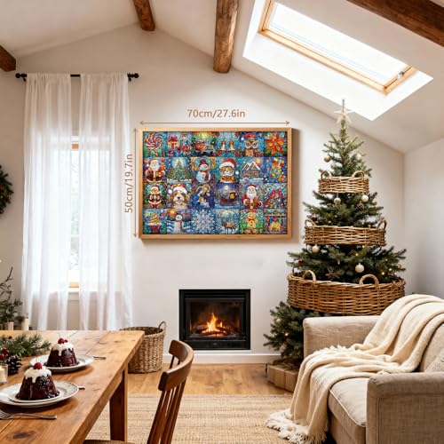 Stained Glass Christmas Puzzles for Adults 1000 Pieces,Christmas Jigsaw Puzzle Collection Features Santa Claus Dog Cat Snowman,