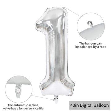 Toniful 40 Inch Silver Large Numbers Balloons 0-9, Number 1 Digital 1 Helium Balloons, Foil Mylar Big Number Balloons For Birthd