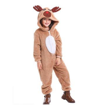 Yolsun Reindeer Costume For Kids Animal Girls Dress Up Flannel Onesie With Hood Christmas Party Role Play Uniform(8-10 Years)