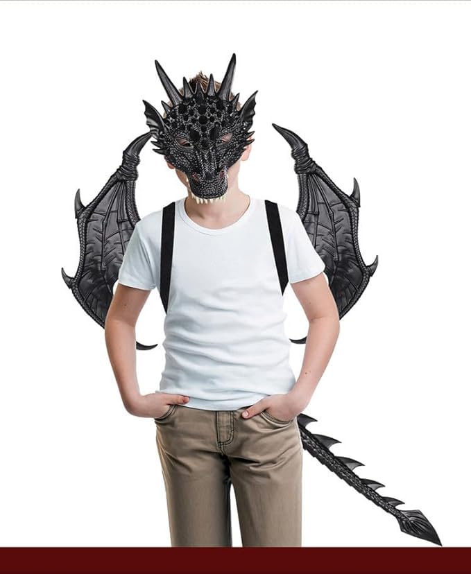Kids Dinosaur Costume Dress Up Wings Dragon Tail Mask Set Halloween for Children Birthday Party Favors Gifts (Silver)