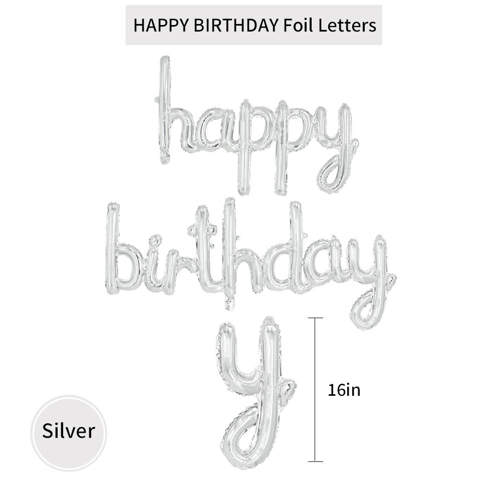 Beishida Silver Happy Birthday Balloon Banner 16 Inch Foil Mylar Birthday Letter Balloon Sign Hand Write Happy Birthday Balloons