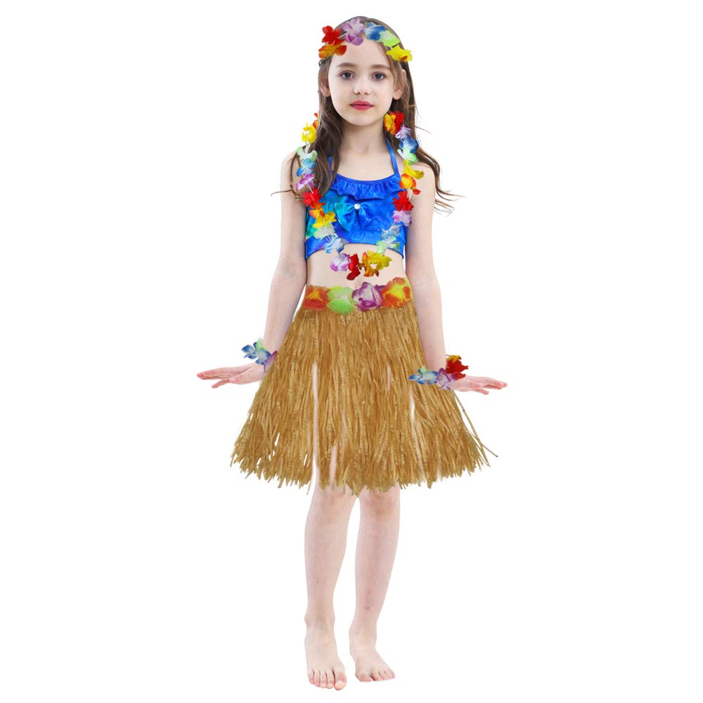 40Cm Performance Grass Skirt With Flowers Bracelets Headband Necklace Hula Set Gold