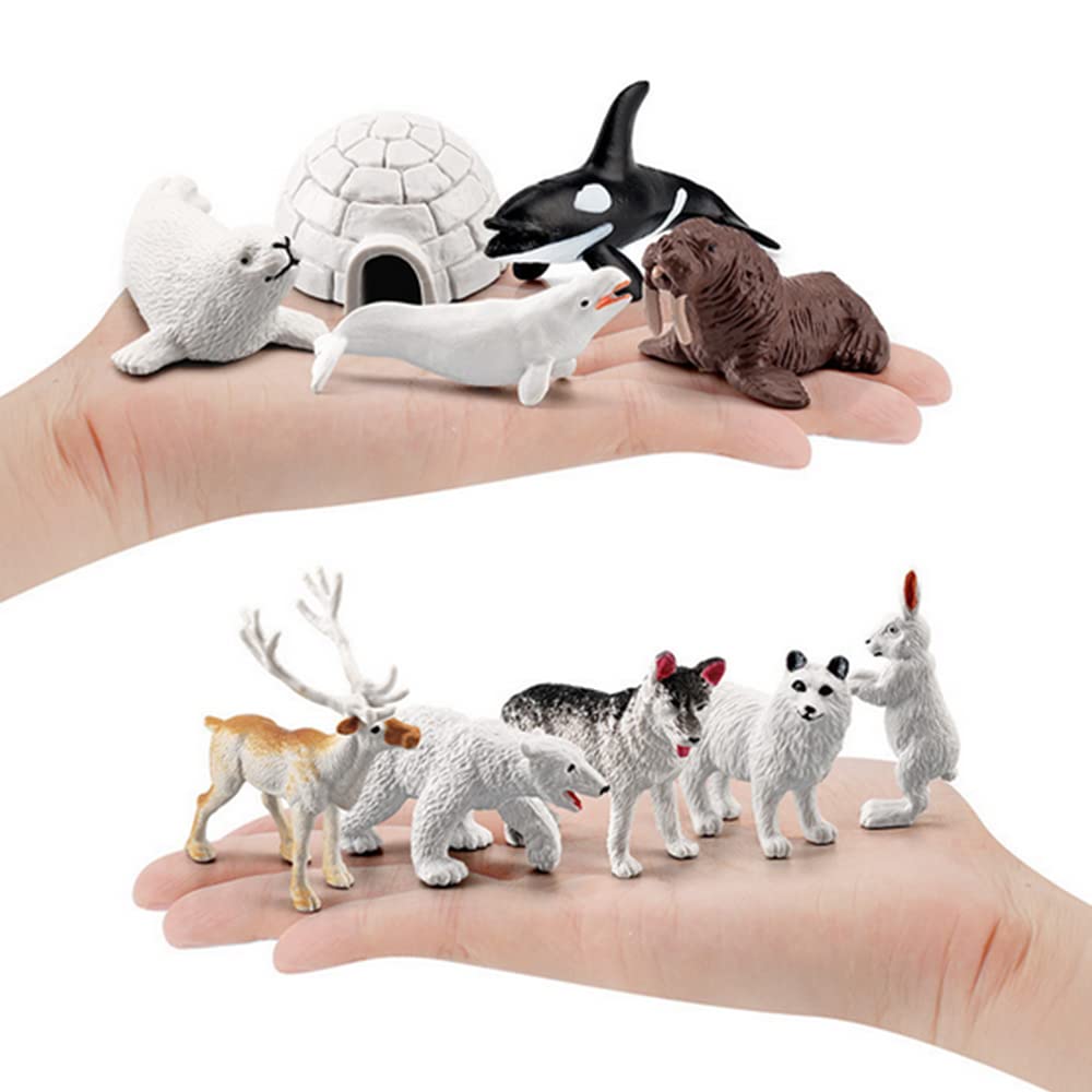 Oukeyi 10Pcs Realistic Polar Animals Figurines - Mini Arctic Animals Toys Set - 1-2 Inch Plastic Tundra Deer, Bear, Fox Kids Diorama Birthday Gift