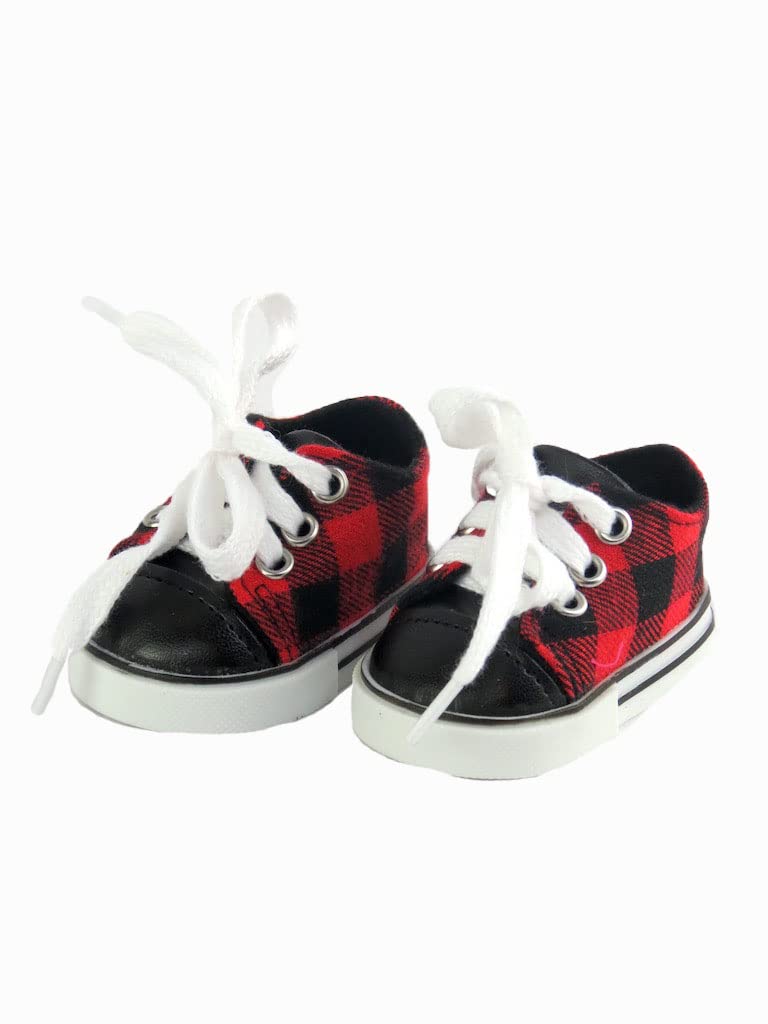 American Fashion World Red and Black Plaid Sneakers for 18-Inch Dolls | enhanced Quality & Trendy Design | Dolls Shoes | Shoe Fashion for Dolls for Popular Brands
