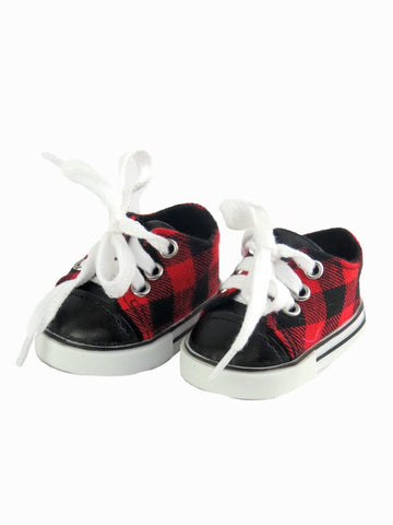 American Fashion World Red and Black Plaid Sneakers for 18-Inch Dolls | enhanced Quality & Trendy Design | Dolls Shoes | Shoe Fashion for Dolls for Popular Brands