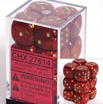 Chessex Dice D6 Sets: Scarab Scarlet With Gold - 16Mm Six Sided Die (12) Block Of Dice, Red