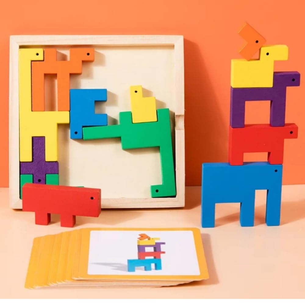 Monkeytail Wooden Block Puzzle | 3In1 Stack & Balance, Build Model, Jigsaw Puzzle | Educational Learning Toys | Family Indoor 