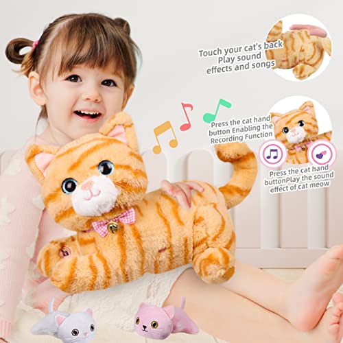 Plush Cat Toy Nursing Stuffed Animal Set, Singing, Barking, Plush Kitty Mommy Cat with 2 Little Plush Baby Kittens Christmas and