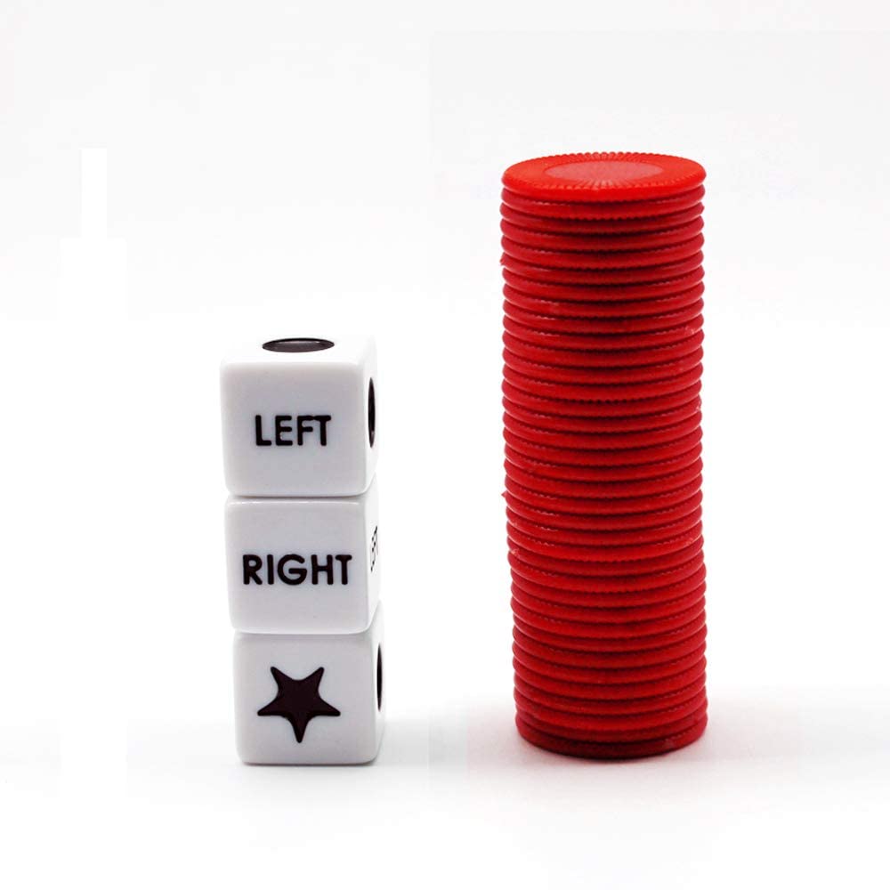 Bilywey Left Right Center Dice Game Set - 3 Dice + 36 Red Chips, Plastic, Red