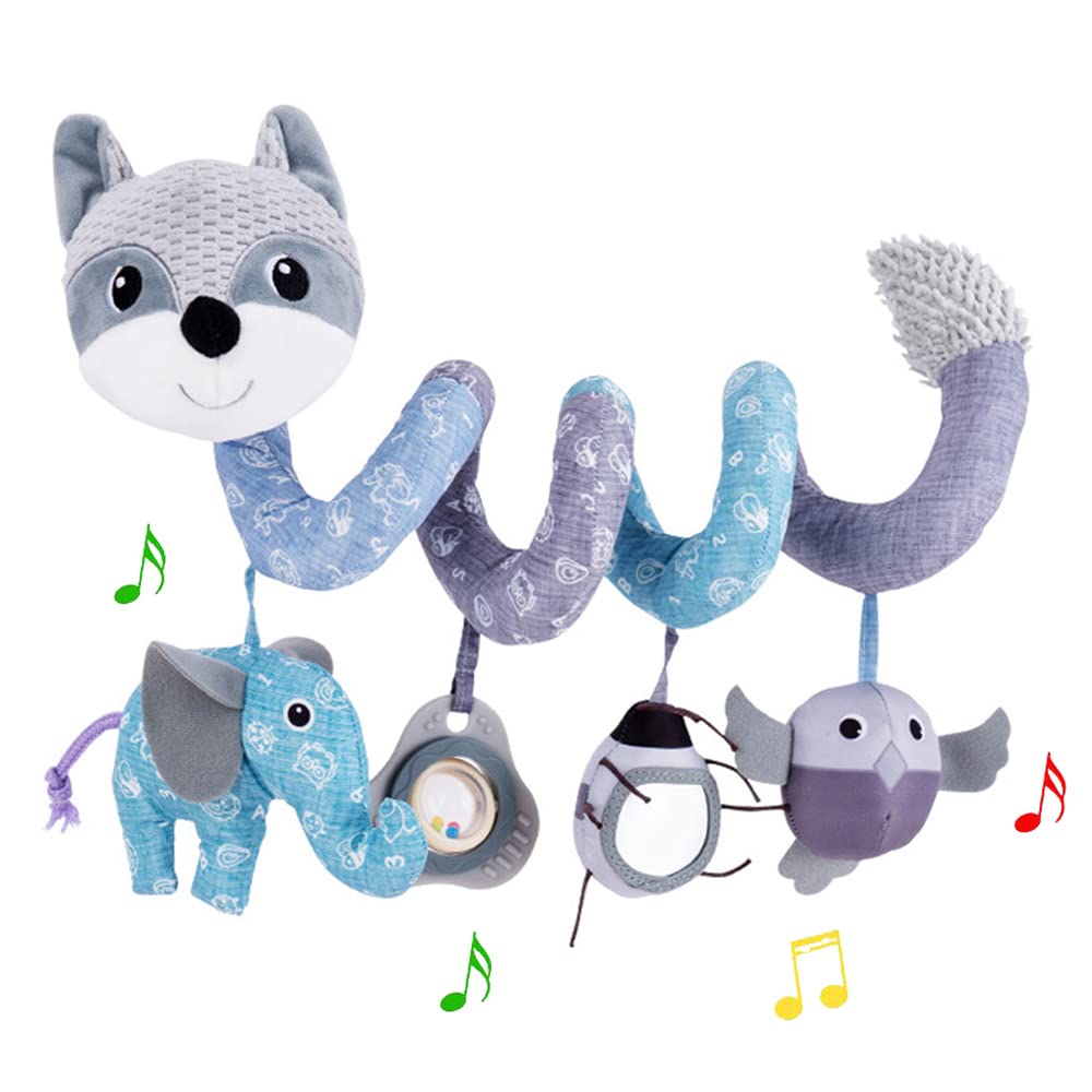 ORZIZRO Car Seat Toys  Baby Plush Spiral Hanging Toys for Stroller Crib Bar Bassinet Car Seat Mobile with Musical Owl BB Squeaker Elephant- Gray Fox