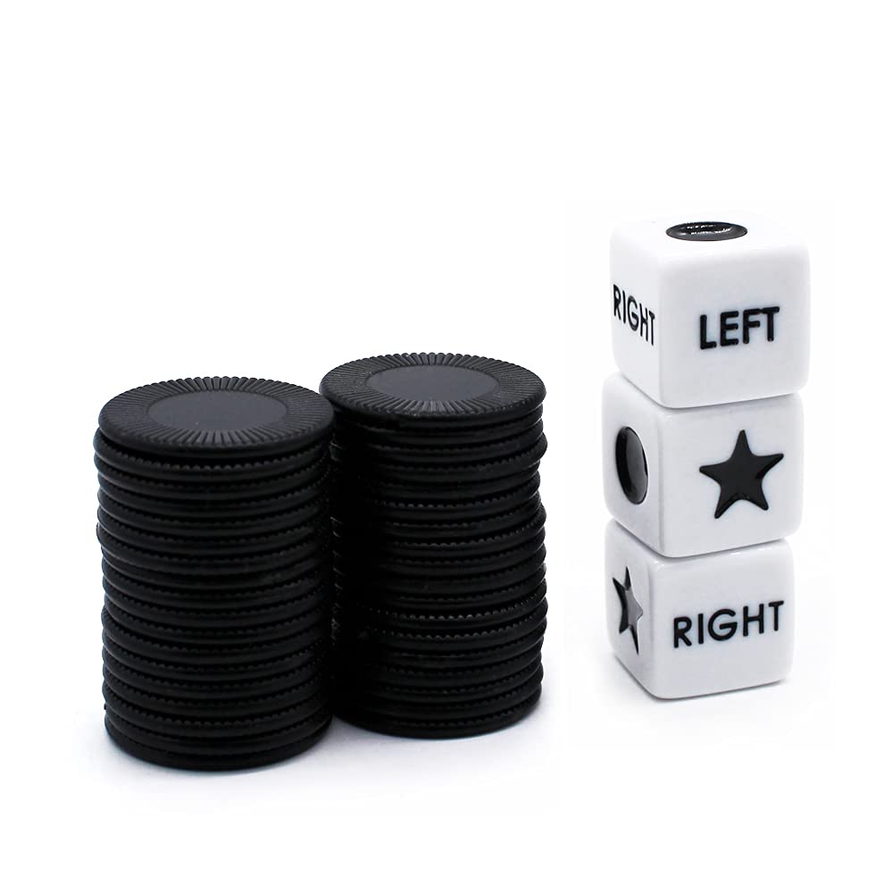 Bilywey Left Right Center Dice Game Set With 3 Dices + 36 Black Chips (Black)
