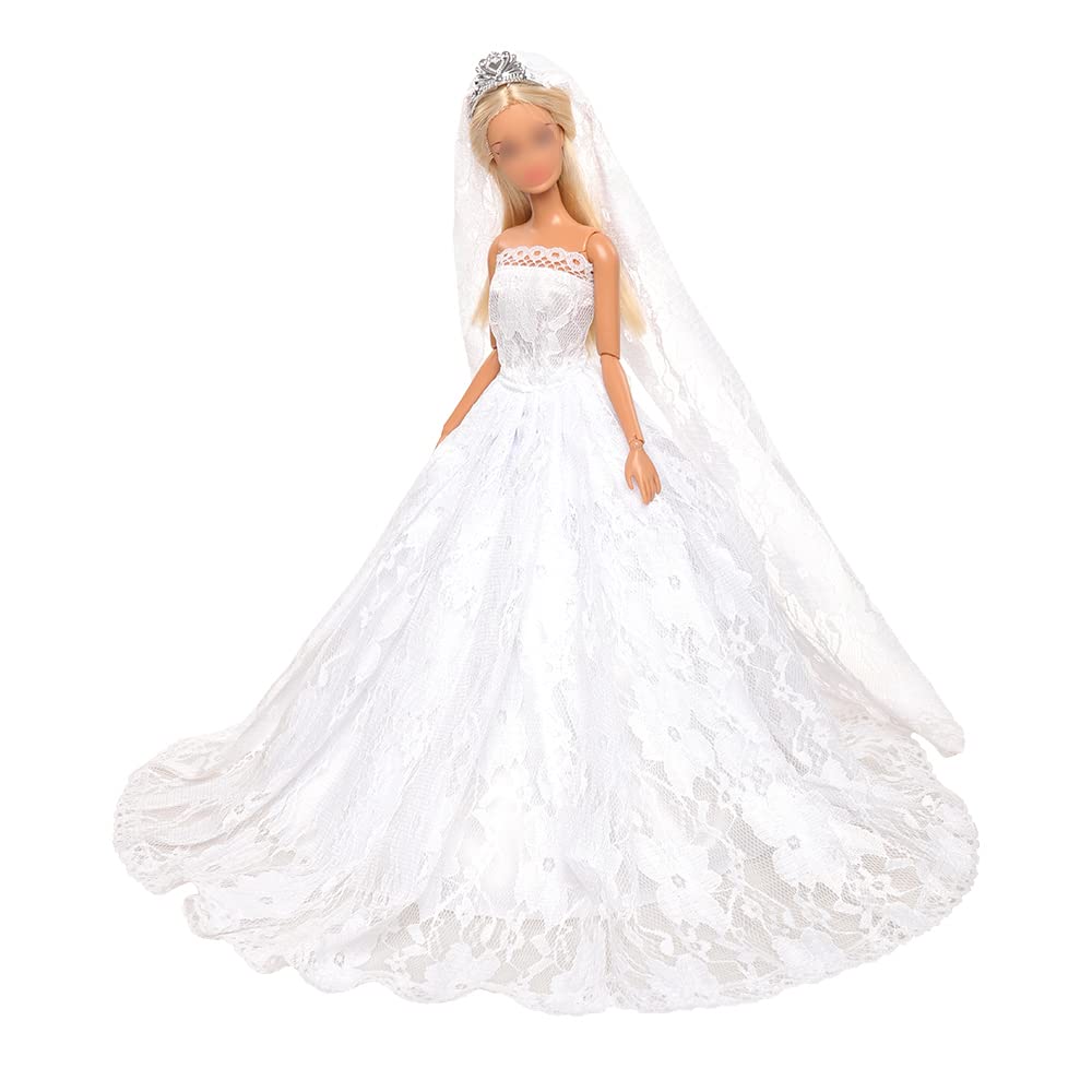 Barwa White Wedding Dress With Veil And Princess Evening Party Clothes Wears Gown Dress Outfit With Hat For 11.5 Inch Girl Doll