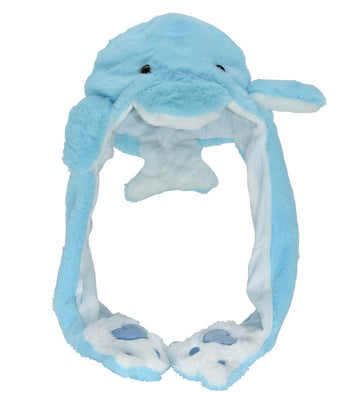 JOYHY Kids Adults Plush Hat Ear Moving Ear Flap Hat with Paw Blue Dolphin