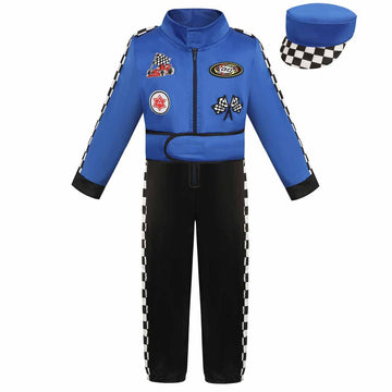 Lmyove Kids Race Car Driver Costume Boys Girls Racing Halloween Play Role Dress Up Racer Jumpsuit And Car Cap Toddler 3-9Y (Medium, Blue)