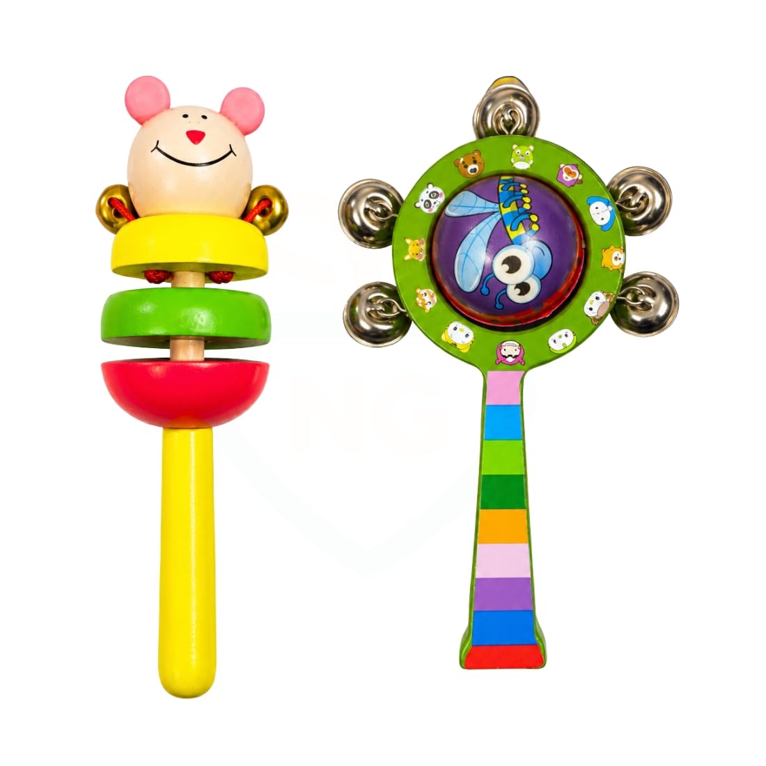 Wooden Baby Rattle Combo Set Of 2 | Colorful Hand Bell & Mouse Wooden Rattle Toys For Babies | Infant Sensory Musical Toys For N