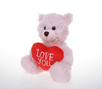 Plushland Stuffed Mocha Heart Bear - Plush Bear Toy For Kids & Adults - Embroidered Heart Pillow - Brown-6 Inches (Love You-Pink)