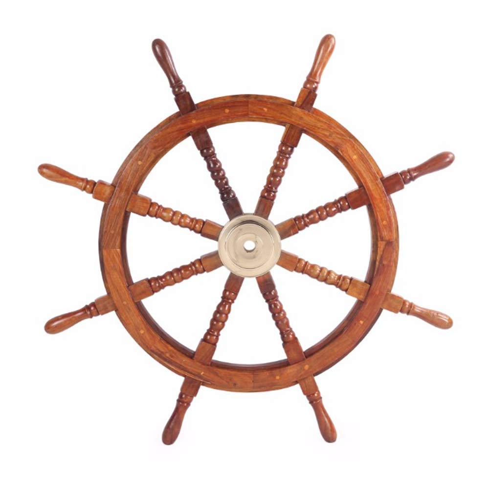 TUP The Urban Port 36 Teak Wood Ship Wheel with Brass Inset and Eight Spokes