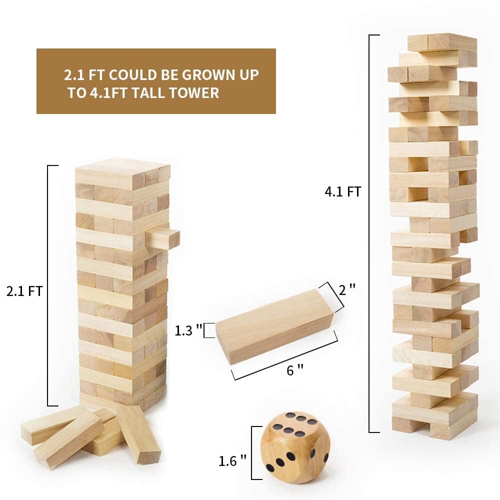Gentle Monster Giant Tumble Tower with Dice & Game Board  56 Pcs Large Size Wooden Stacking Game  Classic Outdoor Games for mature-themed Kids Family (Jumbo 56pc)