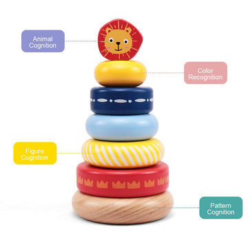 Leo & Friends Wooden Stacking Ring Toys With Lion Crested, Montessori Stacking Toys For Children 1 Years And Above, Early Baby Development Toys