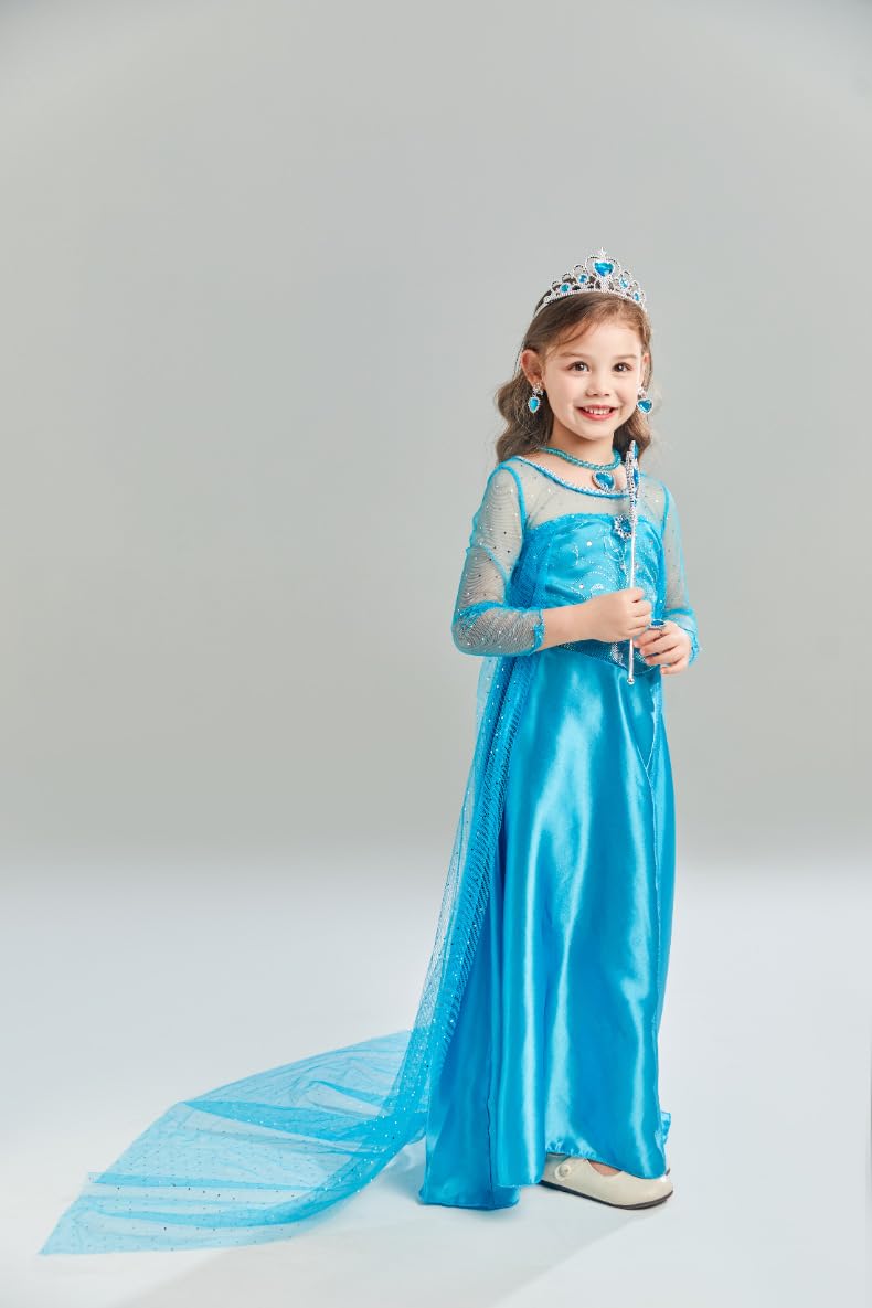 Sototoo Elsa Costume Long Sleeves Princess Dress Queen White Costume Cosplay Dress Up With Accessories Halloween (Blue 2,7-8Year
