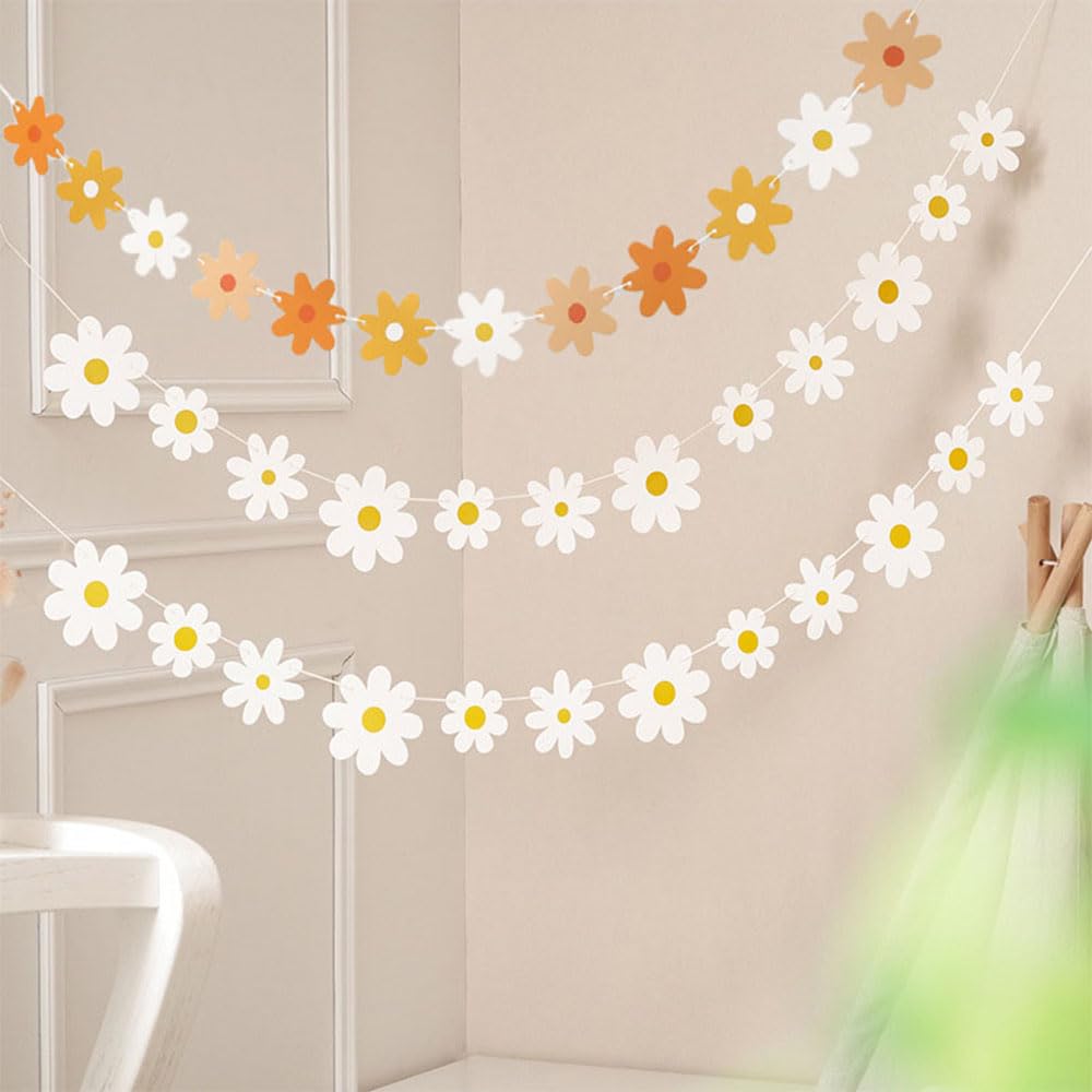 SAMOKA Daisy Banner,3 Packs Groovy Party White Daisy and Colorful Daisy Flower Banners,Daisy Birthday Party Decorations,Daisy Pa
