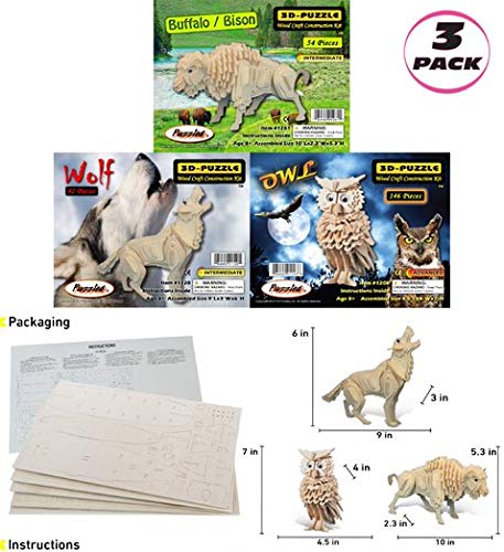 Puzzled Bundle Of Owl, Wolf And Buffalo Wooden 3D Puzzle Construction Kits, Fun Unique And Educational Diy Wild Animals Toys Assemble Model Unfinished Wood Craft - 3 Pack